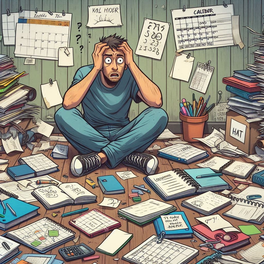 フローリングの上に手帳、カレンダー、メモ書き、目標シートが散乱し、混乱している男性のイメージ