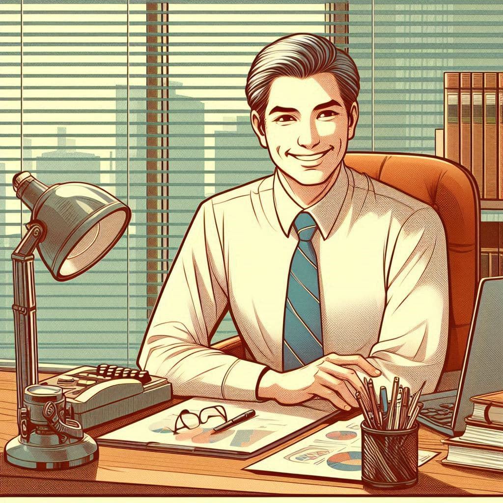 レトロなイラスト風の、すっきりと整理されたデスクと、達成感に満ちた笑顔の中年男性のイメージ