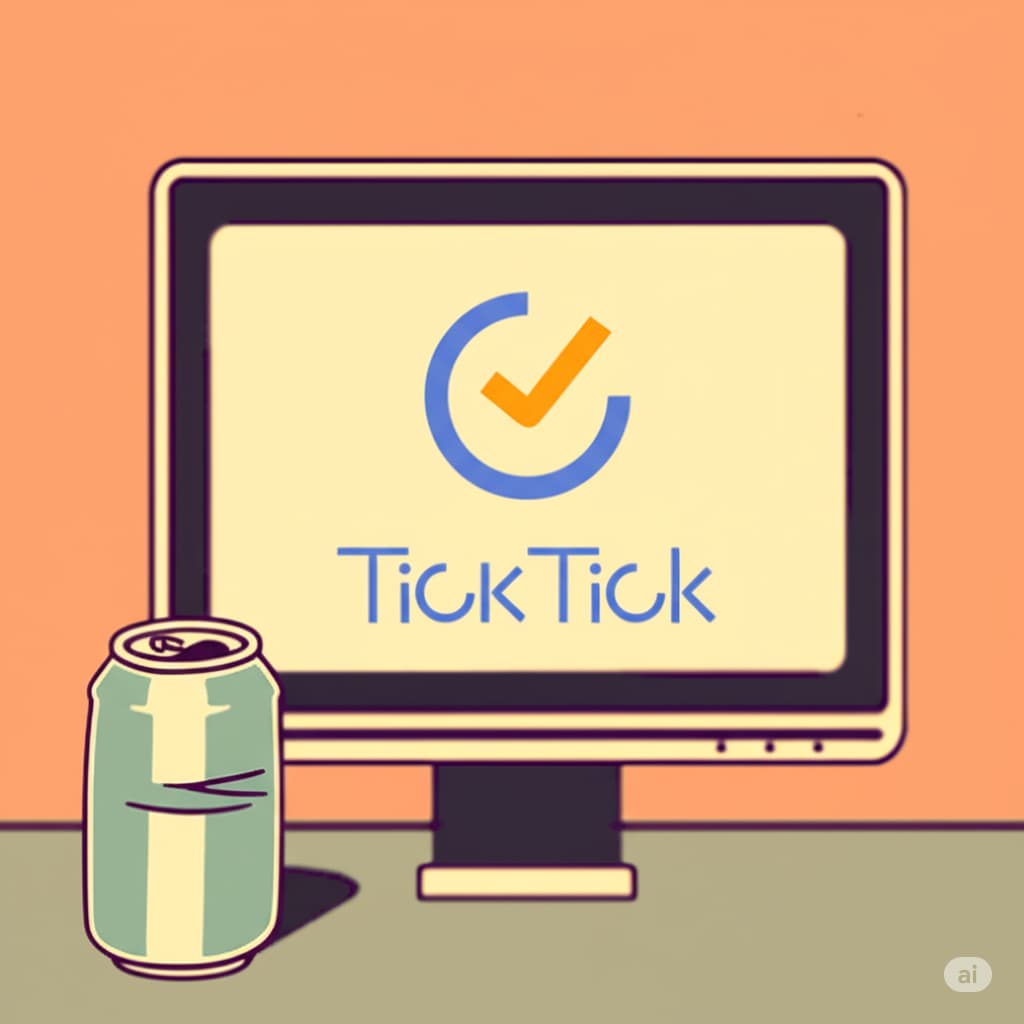 レトロなイラスト風のモニターにTickTickのロゴが表示され、その横に少し潰れたビール缶がユーモラスに描かれているイメージ