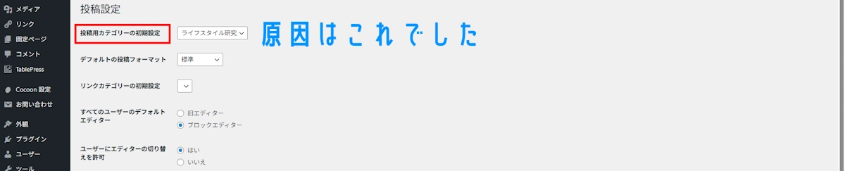 投稿用カテゴリーの初期設定によるエラー