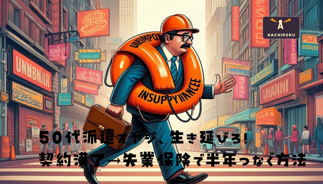 50代派遣社員が、失業保険という救命胴衣をしっかり身につけ、次の希望の場所へ向かって少しコミカルに進んでいる